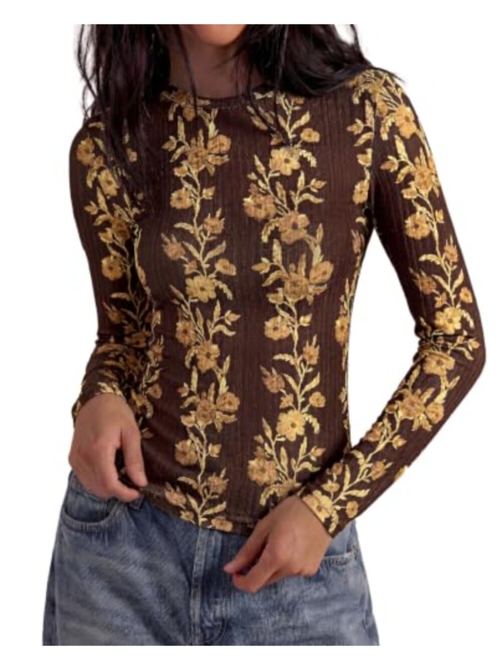 PRETTYGARDEN Floral Ribbed Knit Long Sleeve Top Slim Fit Y2K Pullover